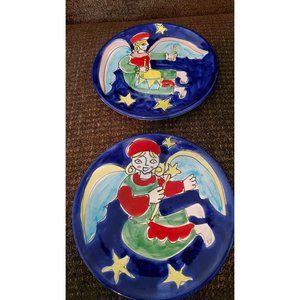 La Musa 2 Hand Painted 8" Angel Plates Stars Christmas EUC